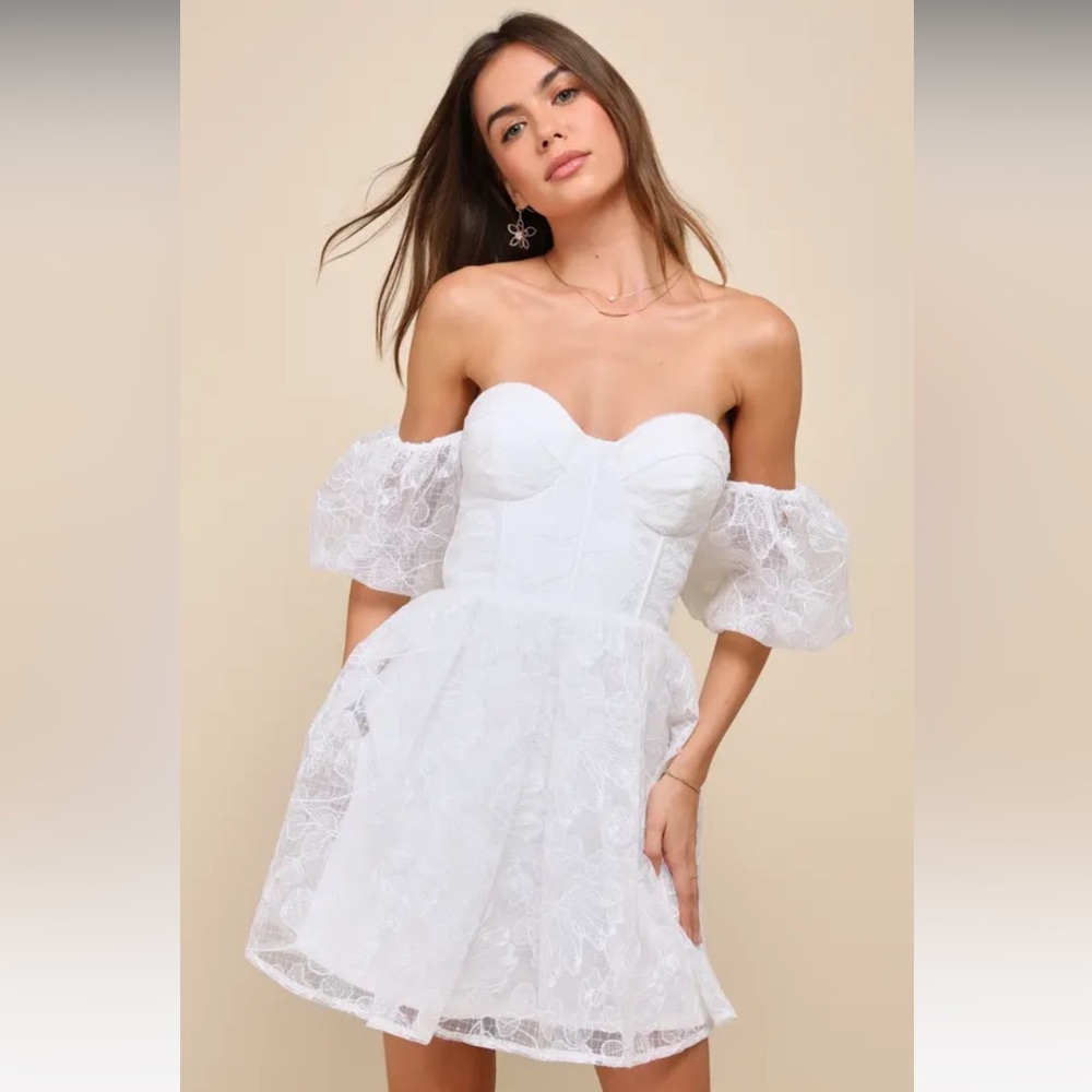 NWT 🤩✨ Lulu’s Precious Approach White Tulle Off Shoulder Mini Dress